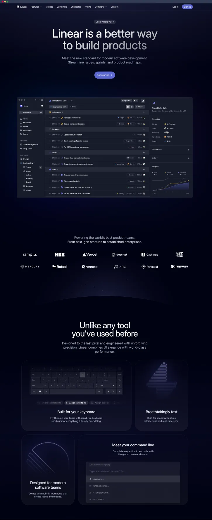 Linear's sleek dark mode homepage