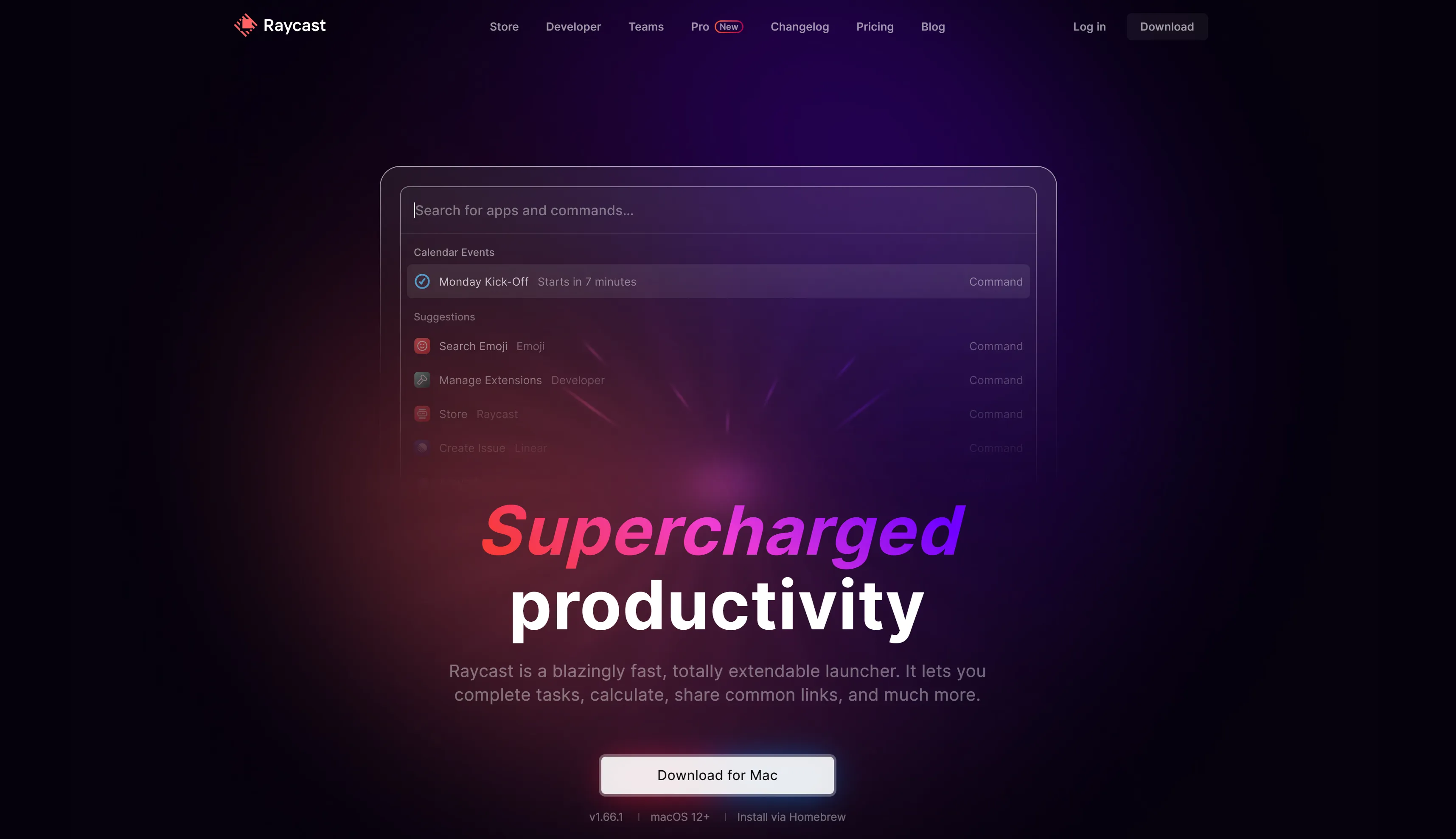 Raycast homepage hero element