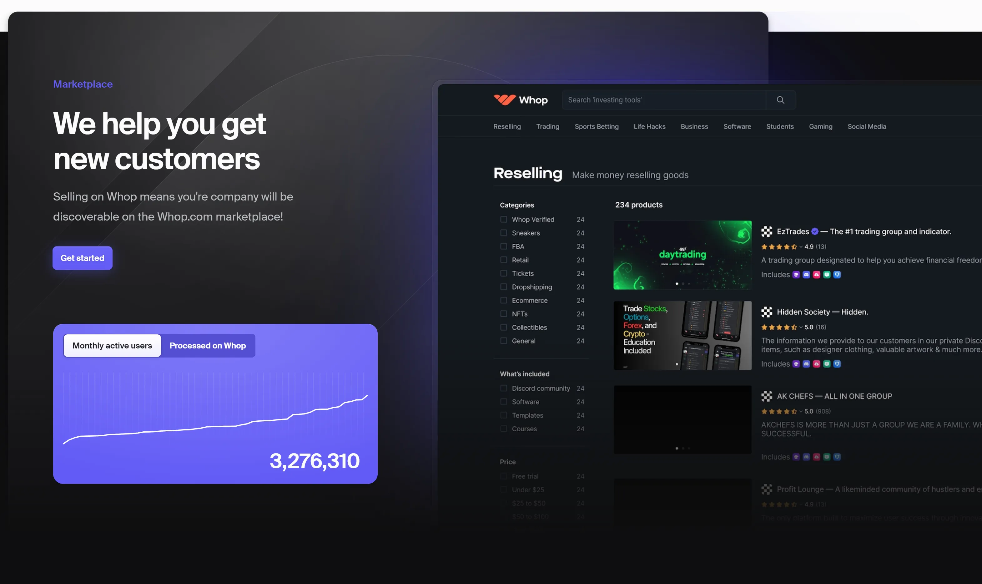 A screenshot of the Whop dashboard with a sales chart