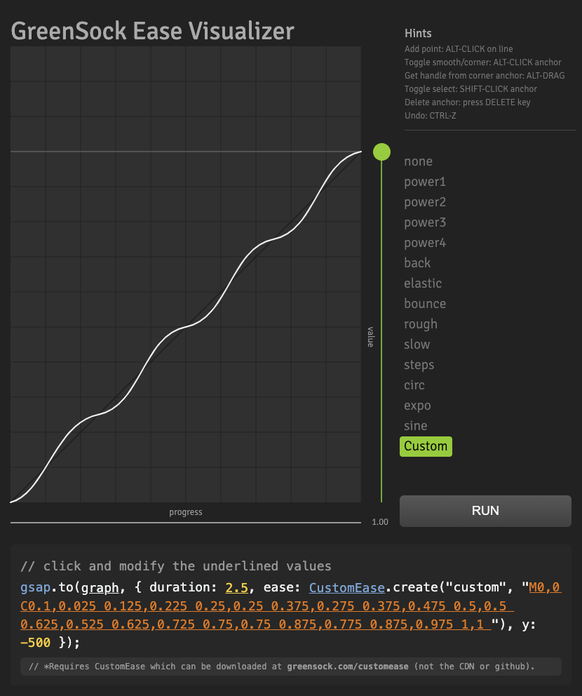 A screenshot of Pete's ease in the greensock visualizer.