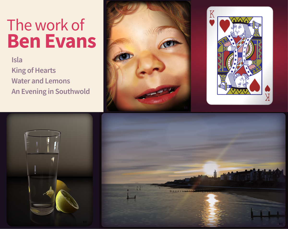 The Work of Ben Evans, with several screenshots of his CSS work. A portrait of a girl, a playing card, a glass of water, and a beach landscape.
