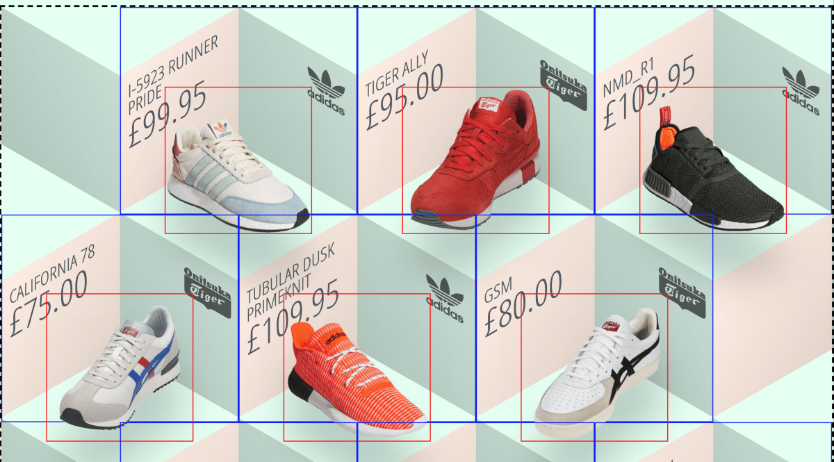 The same display of shoes but with some elements outlined