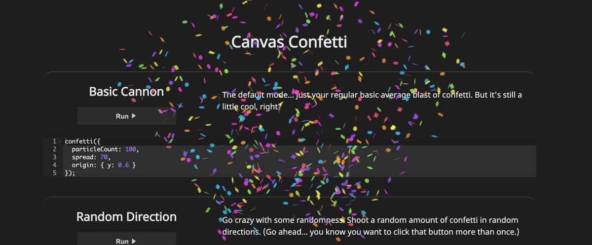 A screenshot of the canvas confetti homepage
