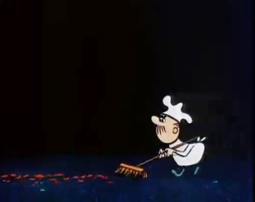 A cartoon janitor with a pushbroom cleaning confetti
