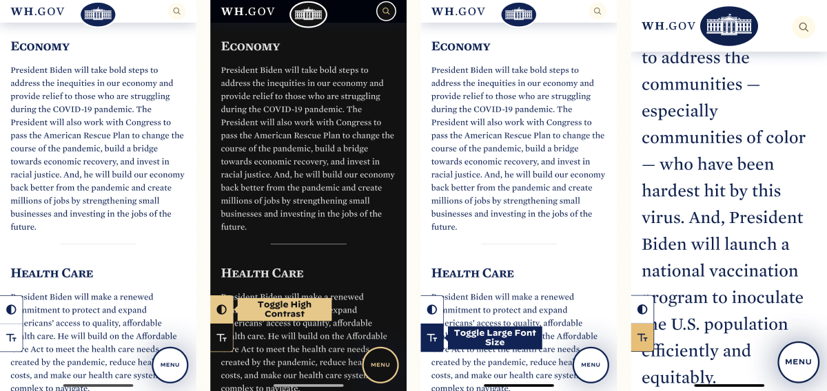 Screenshots of the whitehouse website showing their high contrast and large text features