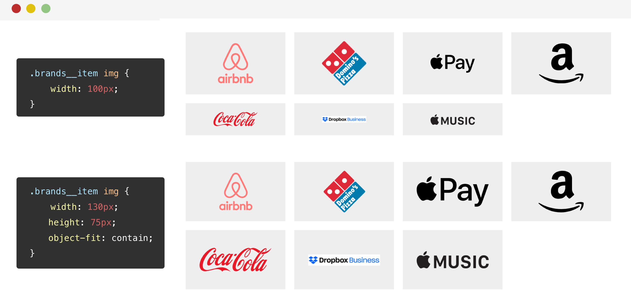 Two grids of logos. One uses object-fit:contain and looks much better!
